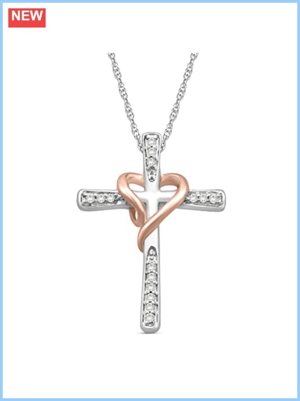 Heart Cross Pendant Necklace Rose Gold Plated Sterling Silver Diamond 18"